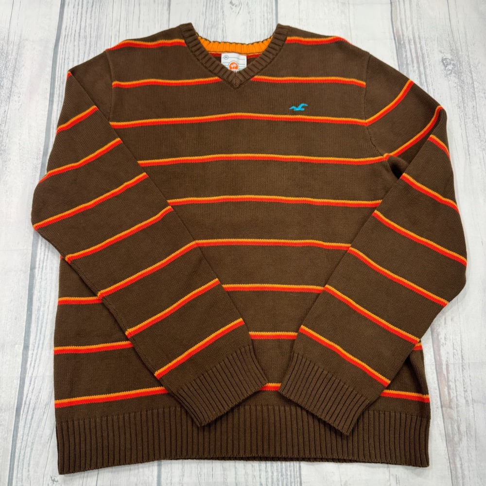 Hollister Vneck Sweater XL Brown Orange Stripe Cotton Pullover‎ Skate Surf Mens